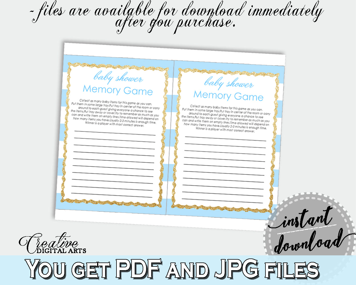 Baby Shower printable MEMORY game with blue and white stripes, glitter gold, digital file jpg pdf, instant download - bs002