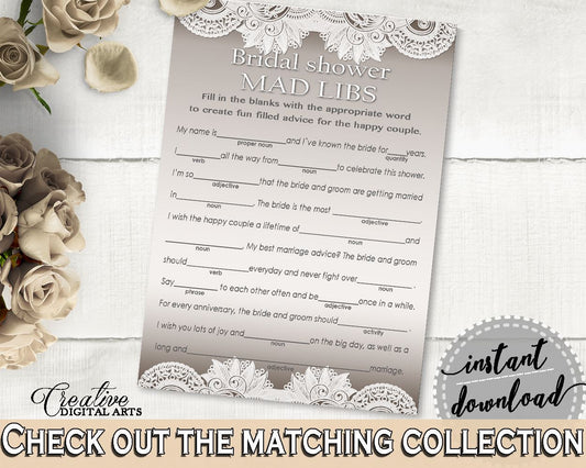 Mad Libs Game in Traditional Lace Bridal Shower Brown And Silver Theme, adjective, linen bridal, printable files, customizable files - Z2DRE - Digital Product