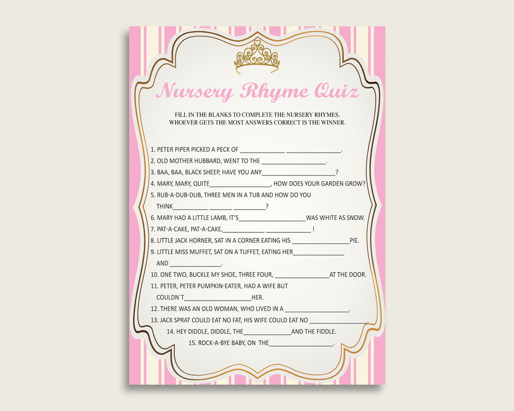 Royal Princess Nursery Rhyme Quiz Printable, Pink Gold Nursery Rhyme Game, Pink Gold Baby Shower Girl Activities, Instant Download, rp002