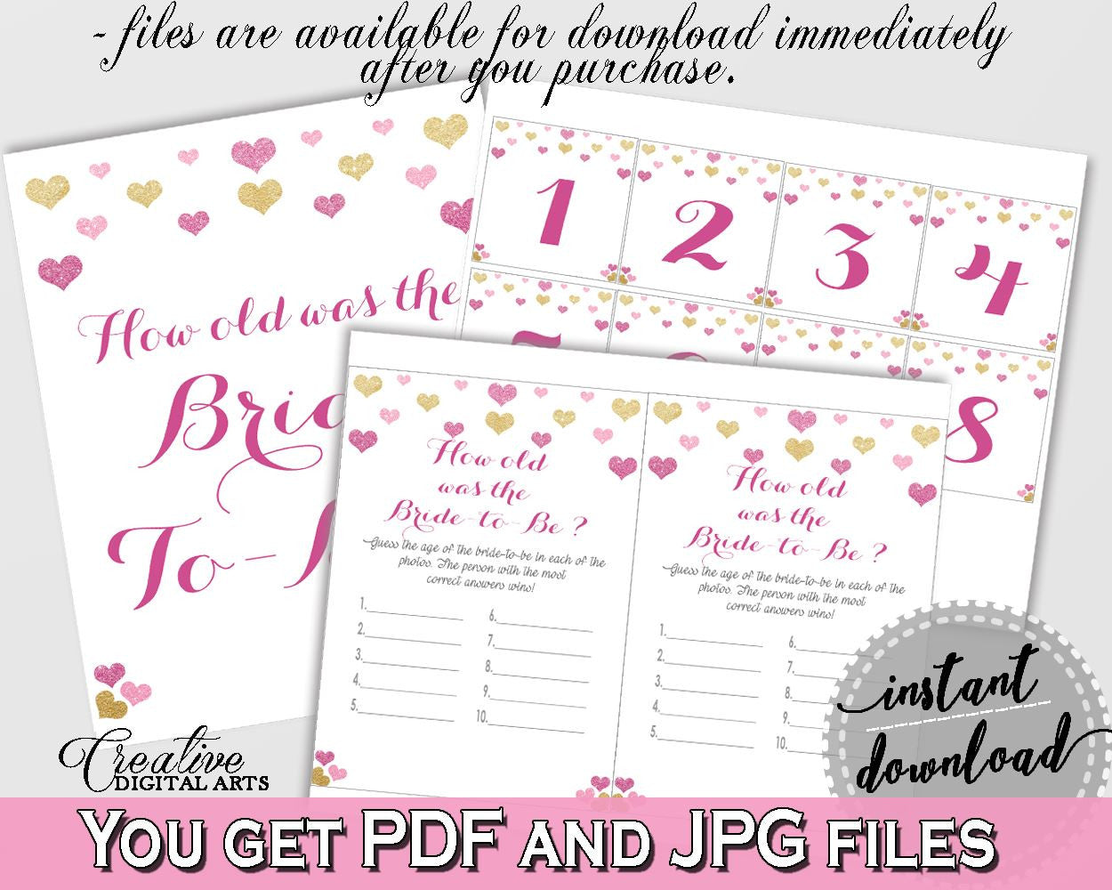 How Old Was The Bride To Be in Glitter Hearts Bridal Shower Gold And Pink Theme, guess the age,  pink and purple, printables, prints - WEE0X - Digital Product