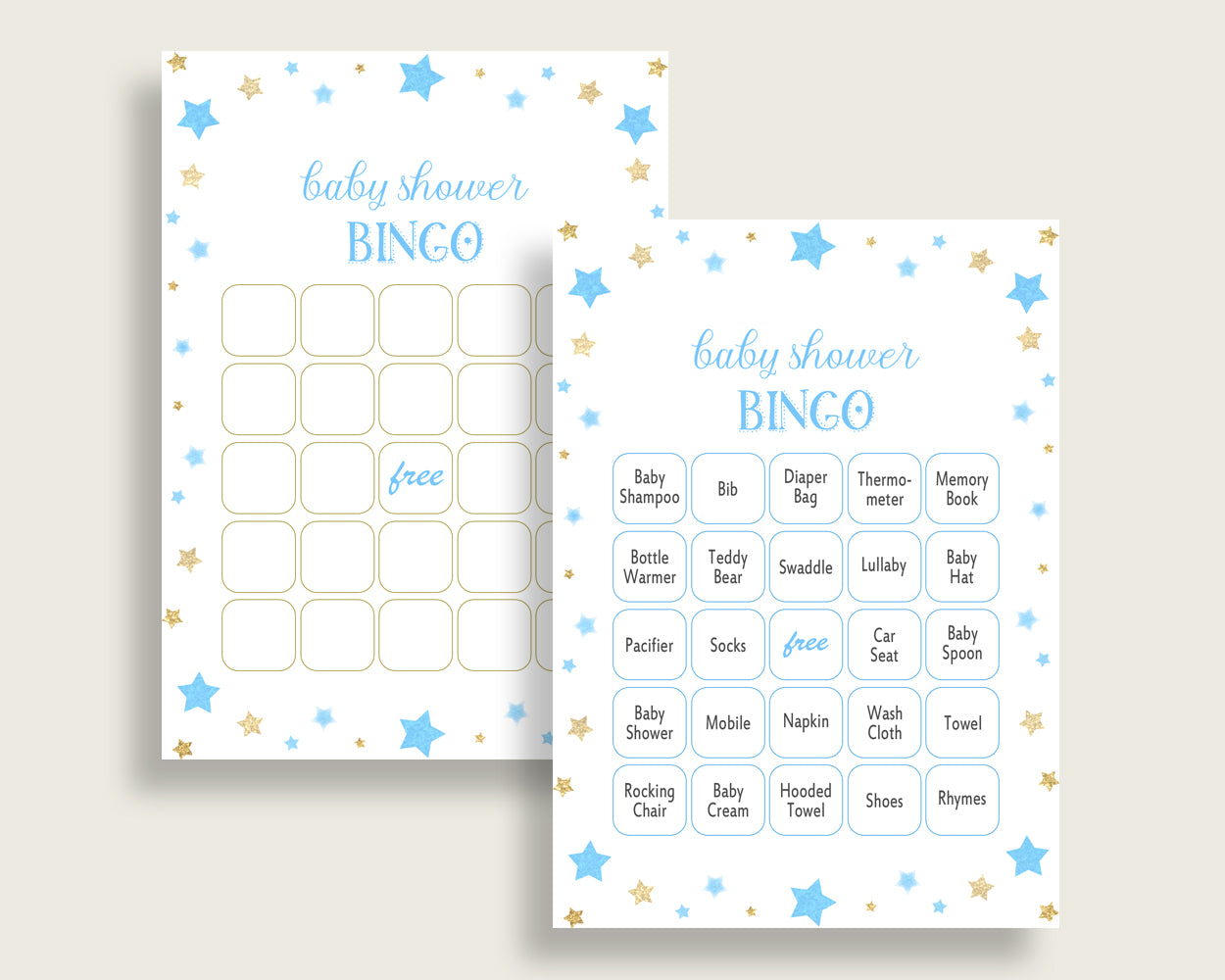 Stars Baby Shower Bingo Cards Printable, Blue Gold Baby Shower Boy, 60 Prefilled Bingo Game Cards, Little Star Moon Glitter Stars bsr01