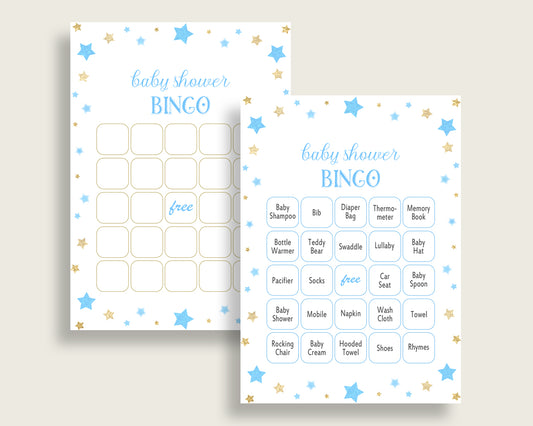 Stars Baby Shower Bingo Cards Printable, Blue Gold Baby Shower Boy, 60 Prefilled Bingo Game Cards, Little Star Moon Glitter Stars bsr01