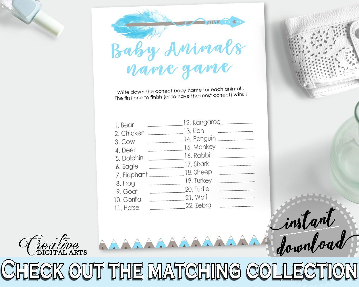 Baby Animal Names Baby Shower Baby Animal Names Aztec Baby Shower Baby Animal Names Blue White Baby Shower Aztec Baby Animal Names - QAQ18 - Digital Product