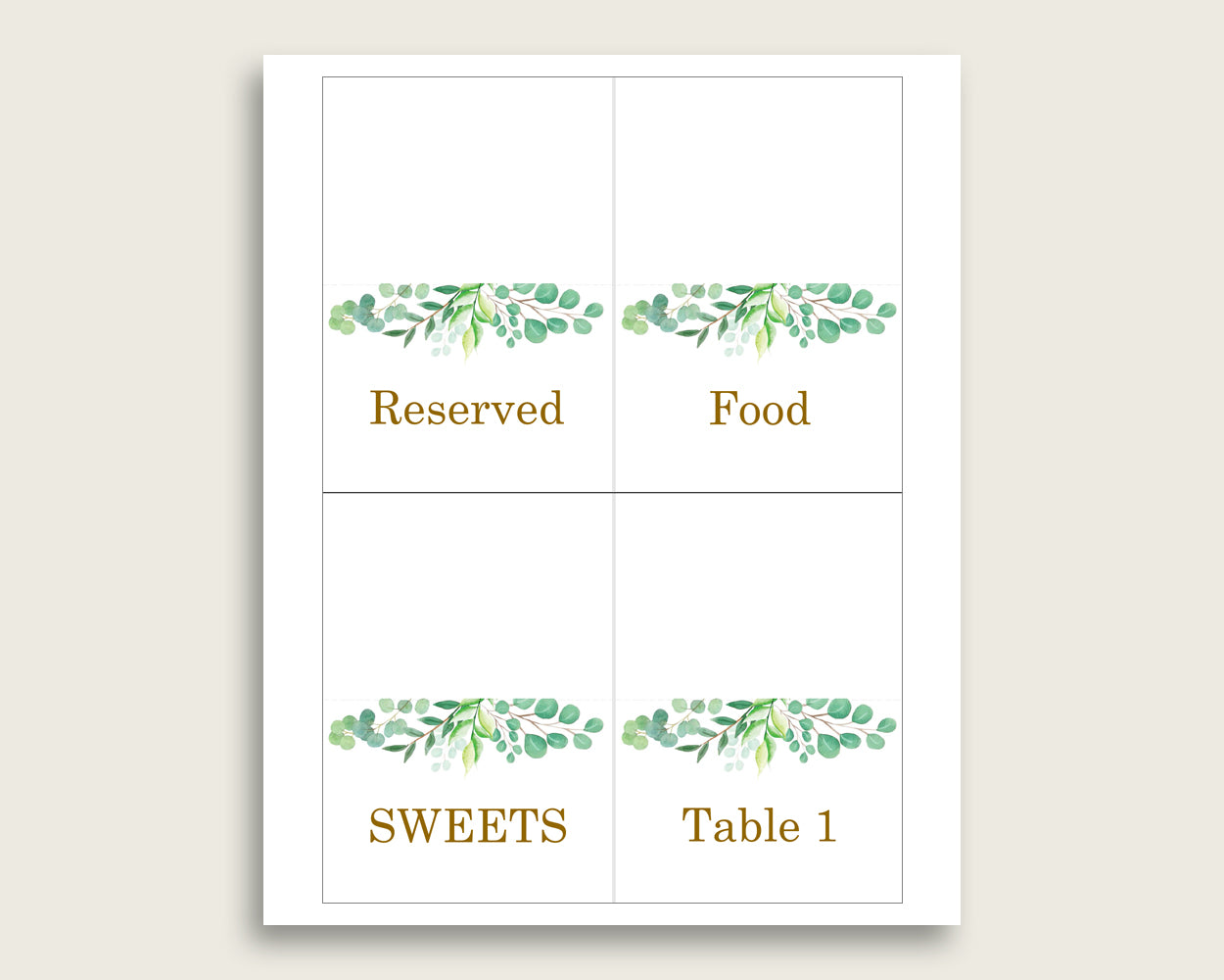 Greenery Folded Food Tent Cards Printable, Green Gold Editable Pdf Buffet Labels, Gender Neutral Baby Shower Food Place Cards, Instant Y8X33