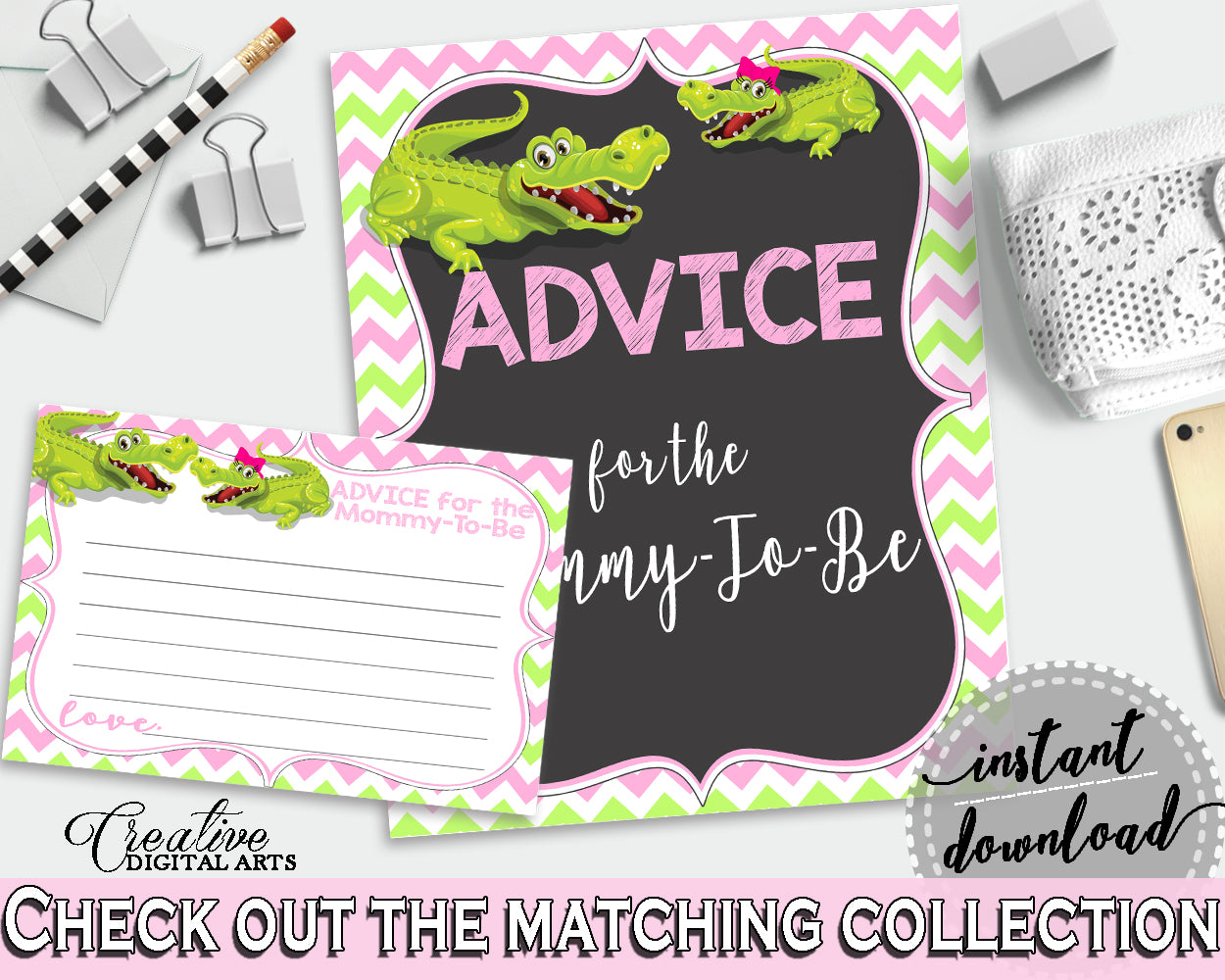 ADVICE FOR THE MOMMY TO BE and ADVICE FOR THE NEW PARENTS baby shower activities with green alligator and pink color theme, instant download - ap001