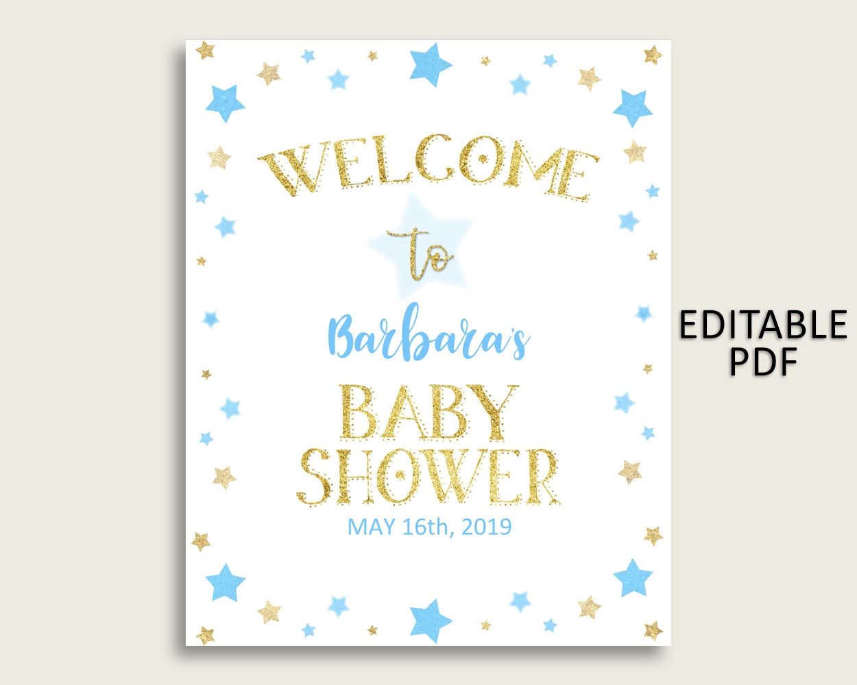 Blue Gold Stars Baby Shower Welcome Sign Printable, Party Large Sign, Editable Welcome Sign Boy, Yard Sign, Instant Download, Little bsr01