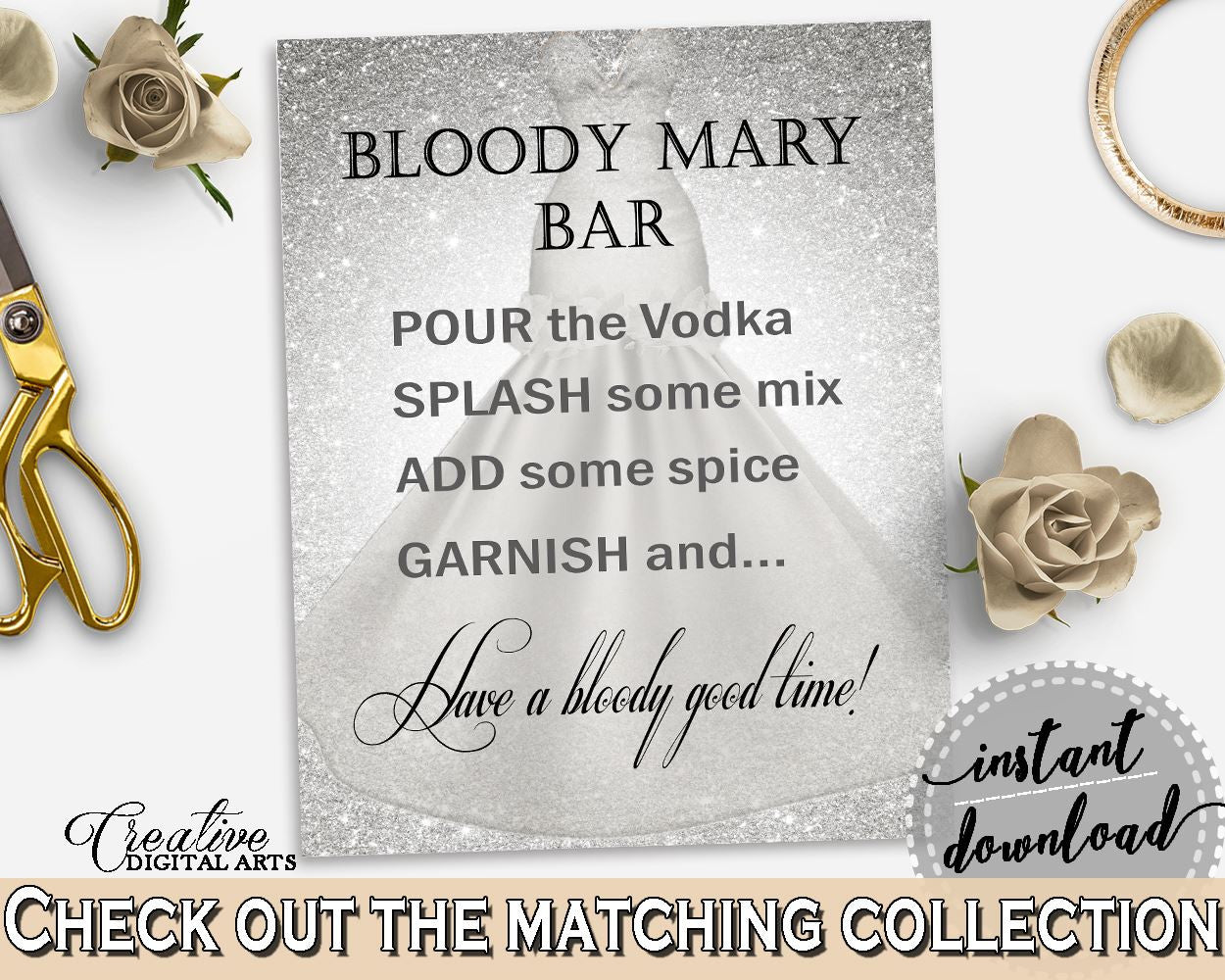 Silver Wedding Dress Bridal Shower Bloody Mary Bar Sign in Silver And White, bridal brunch sign, fancy bridal shower, party theme - C0CS5 - Digital Product