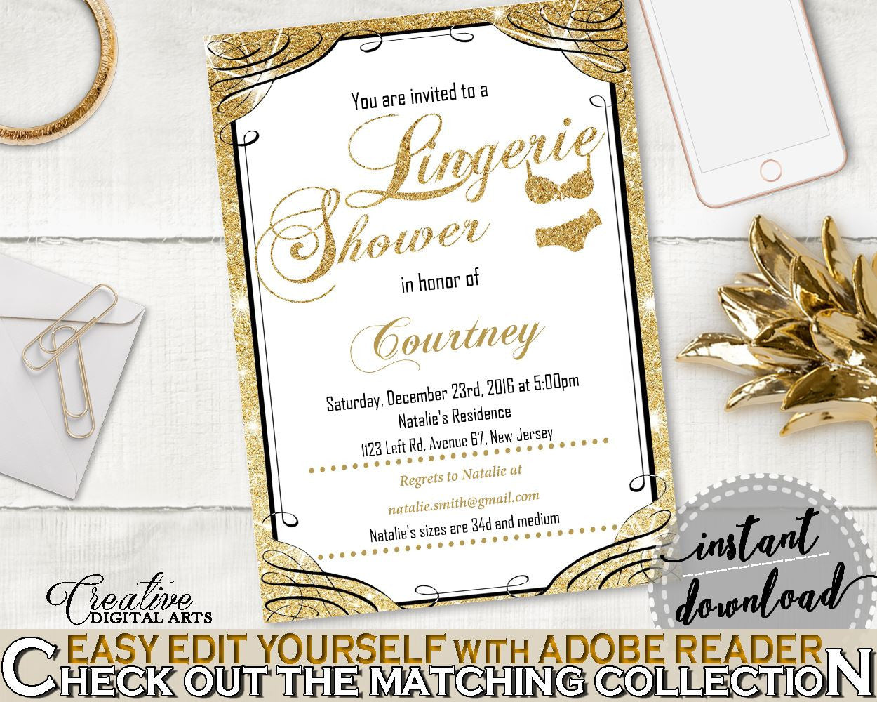 Lingerie Shower Invitation Editable in Glittering Gold Bridal Shower Gold And Yellow Theme, underwear invite, party decorations - JTD7P - Digital Product