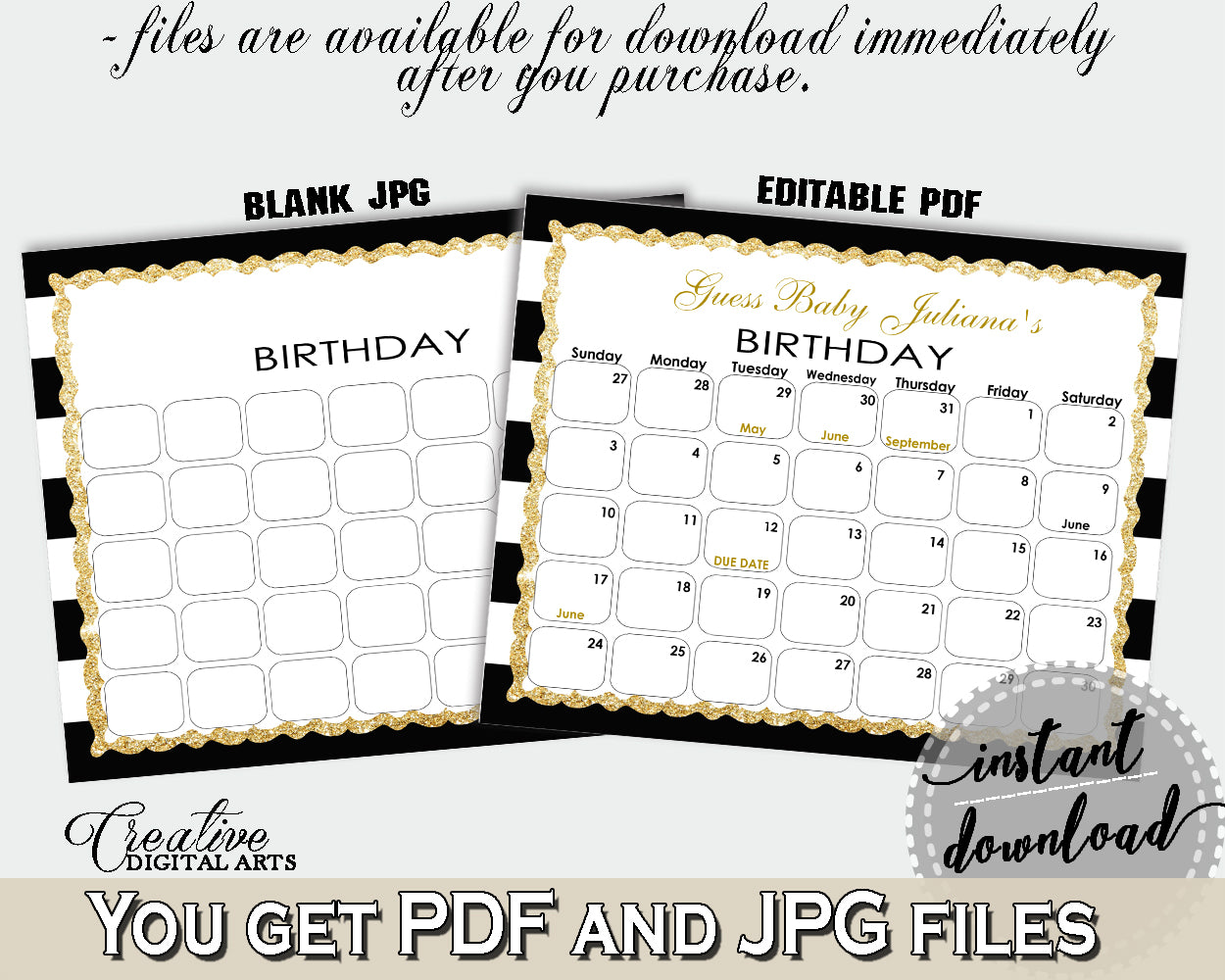 Baby Shower BIRTHDAY PREDICTION due date calendar editable with black white color stripes theme printable glitter, instant download - bs001