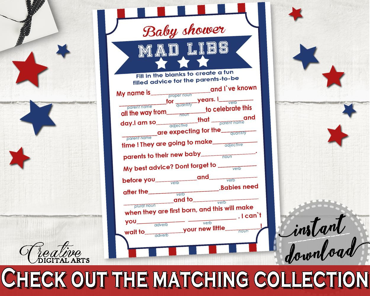 Mad Libs Baby Shower Mad Libs Baseball Baby Shower Mad Libs Baby Shower Baseball Mad Libs Blue Red paper supplies - YKN4H - Digital Product