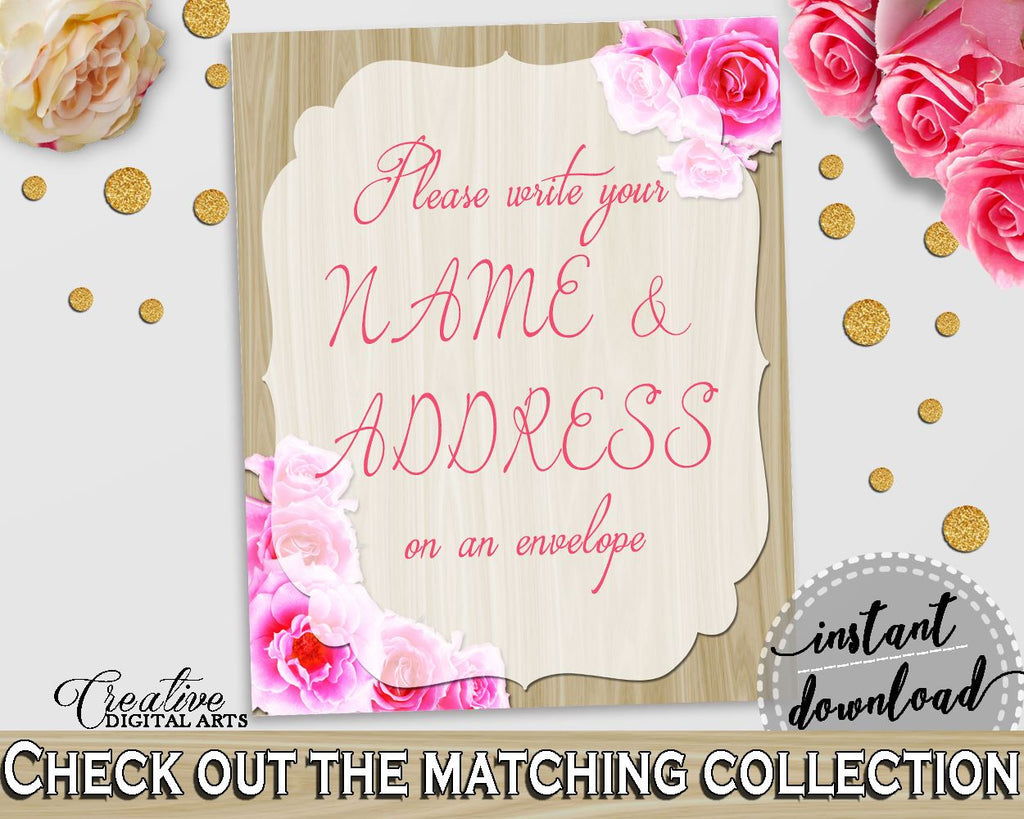 Pink And Beige Roses On Wood Bridal Shower Theme: Write Your Name And Address Sign - name and address, elegance theme, party stuff - B9MAI - Digital Product
