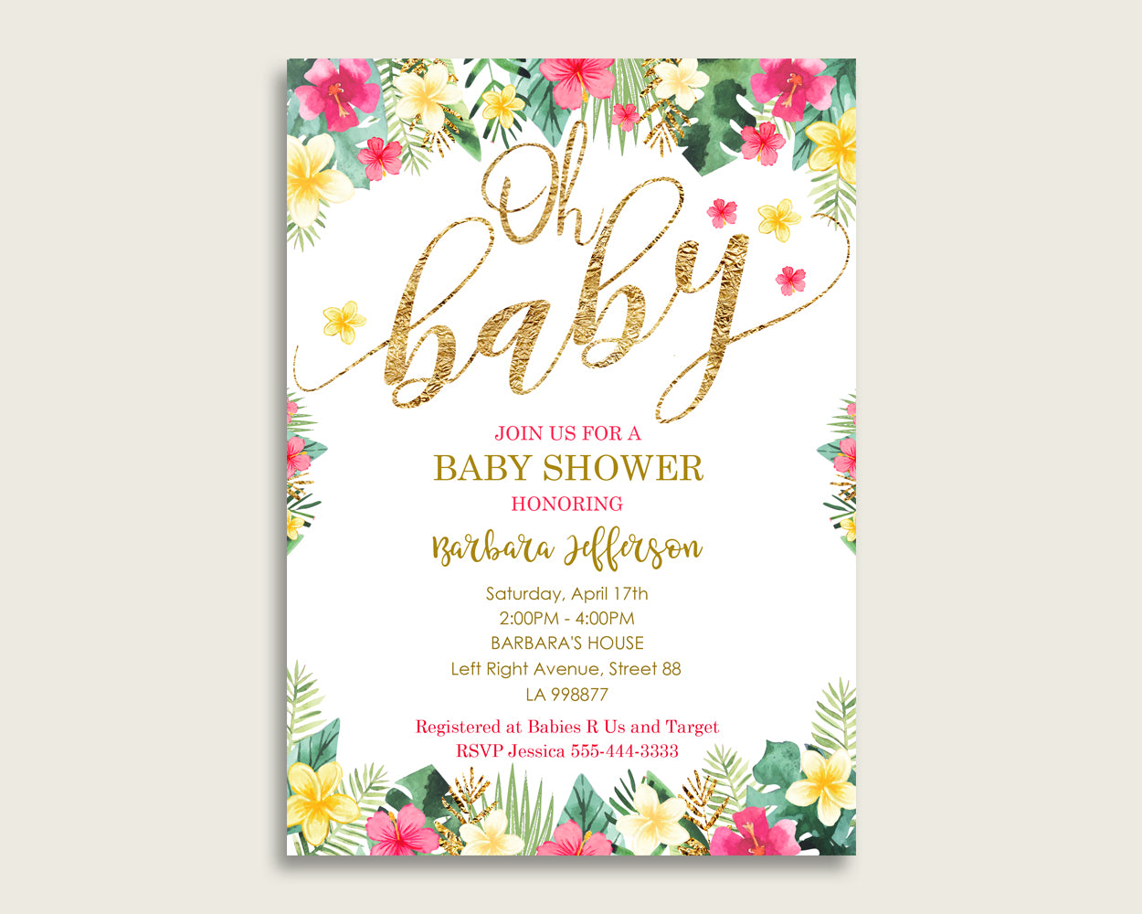 Hawaiian Baby Shower Invitations Printable, Digital Or Printed Invitation Baby Shower Girl, Editable Invitation Pink Green Luau Aloha 955MG