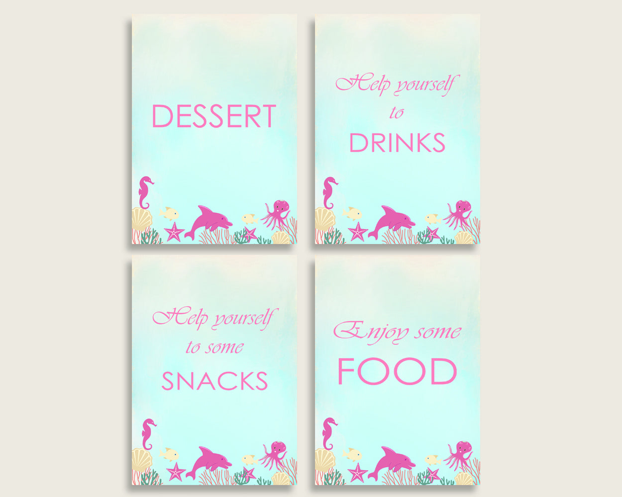 Under The Sea Baby Shower Girl Table Signs Printable, Pink Green Party Table Decor, Favors, Food, Drink, Treat, Guest Book, Instant uts01