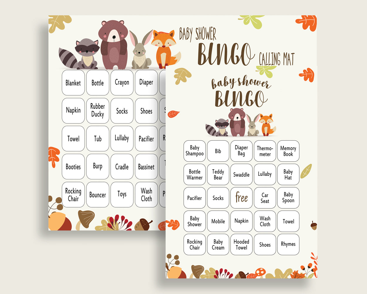 Woodland Baby Shower Bingo Cards Printable, Brown Beige Baby Shower Gender Neutral, 60 Prefilled Bingo Game Cards, Bear Forest w0001