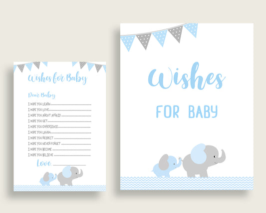 Blue Grey Wishes For Baby Cards & Sign, Elephant Baby Shower Boy Well Wishes Game Printable, Instant Download, Mammoth Trunk Most ebl02