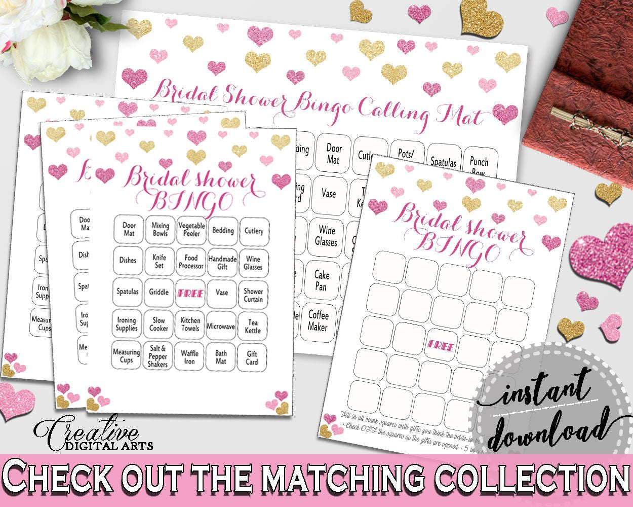 Gold And Pink Glitter Hearts Bridal Shower Theme: Bingo 60 Cards - pre-filled cards,  sweethearts, party supplies, party décor - WEE0X - Digital Product