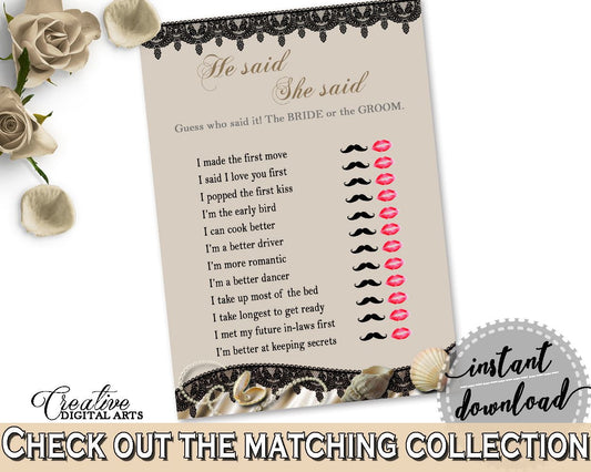 Seashells And Pearls Bridal Shower He Said She Said Game in Brown And Beige, guess who said it, seashells shower, printable files - 65924 - Digital Product