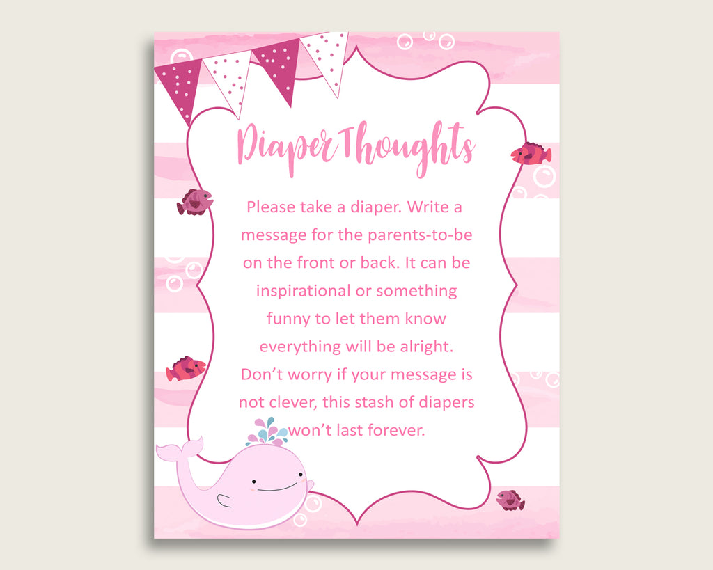 Pink Whale Baby Shower Diaper Thoughts Printable, Girl Pink White Late Night Diaper Sign, Words For Wee Hours, Write On Diaper Message wbl02