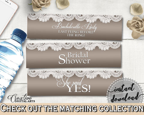 Brown And Silver Traditional Lace Bridal Shower Theme: Bottle Labels - water bottle labels, silver bridal lace, instant download - Z2DRE - Digital Product