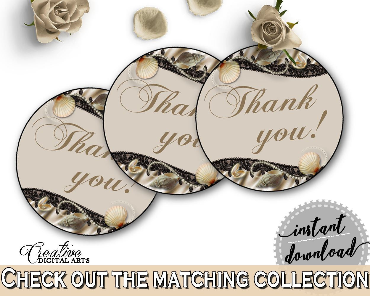 Brown And Beige Seashells And Pearls Bridal Shower Theme: Thank You Tag - round favour labels, necklace bridal, customizable files - 65924 - Digital Product