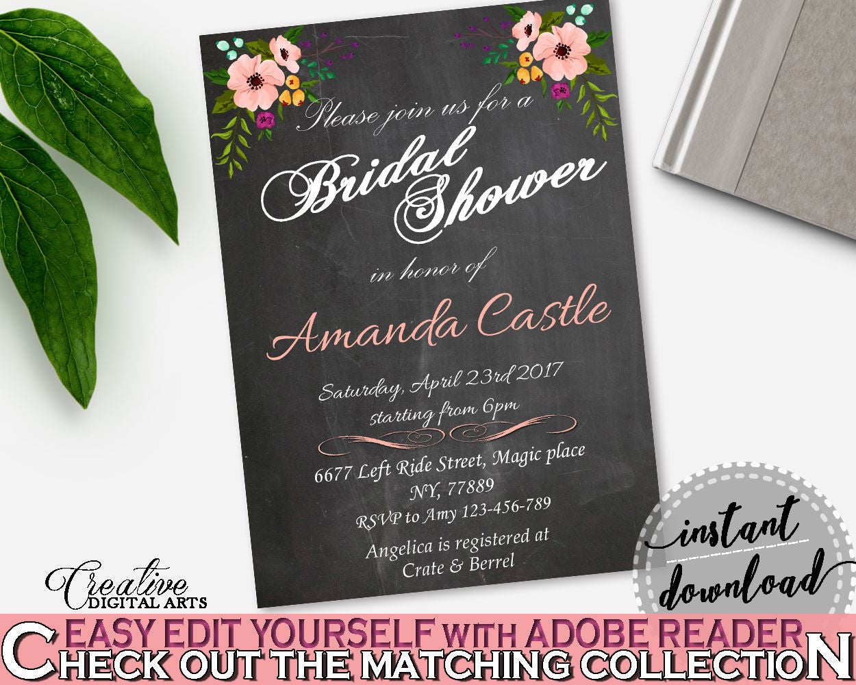 Chalkboard Flowers Bridal Shower Editable Bridal Shower Invitation in Black And Pink, shower invitation, digital print, prints - RBZRX - Digital Product