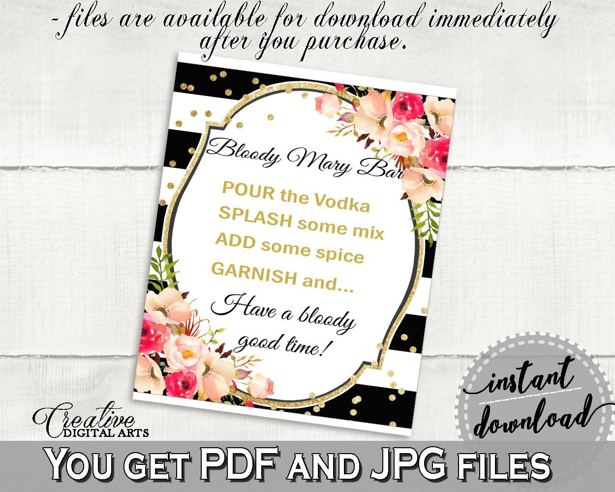 Black And Gold Flower Bouquet Black Stripes Bridal Shower Theme: Bloody Mary Bar Sign - cocktail bar sign, party decor, party plan - QMK20 - Digital Product