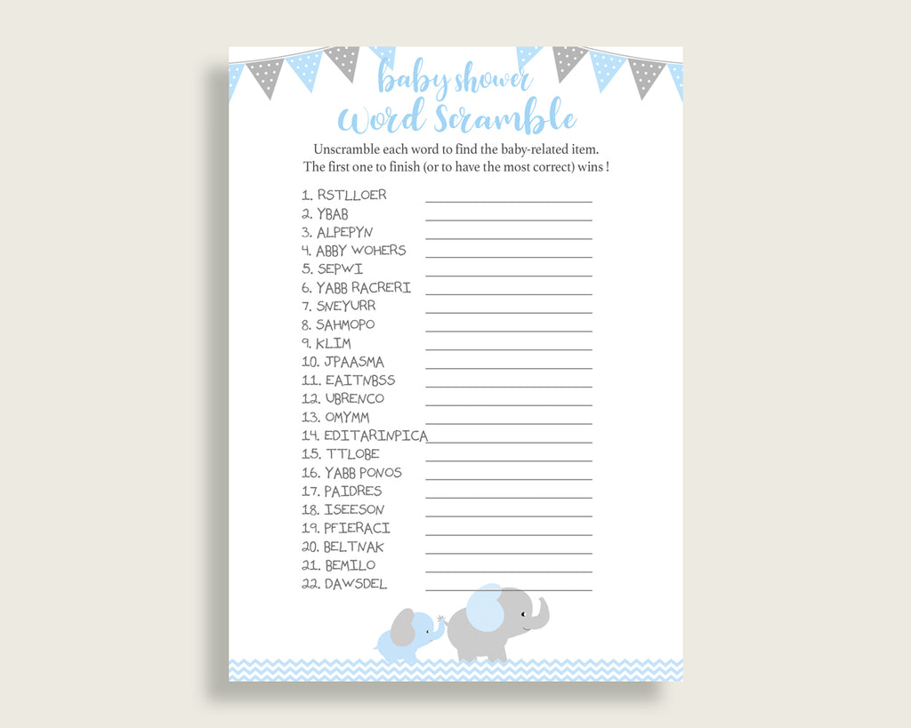 Boy Baby Shower Word Scramble Game Printable, Cute Elephant Blue Grey Word Scramble, Funny Activity, Instant Download, Mammoth Trunk ebl02