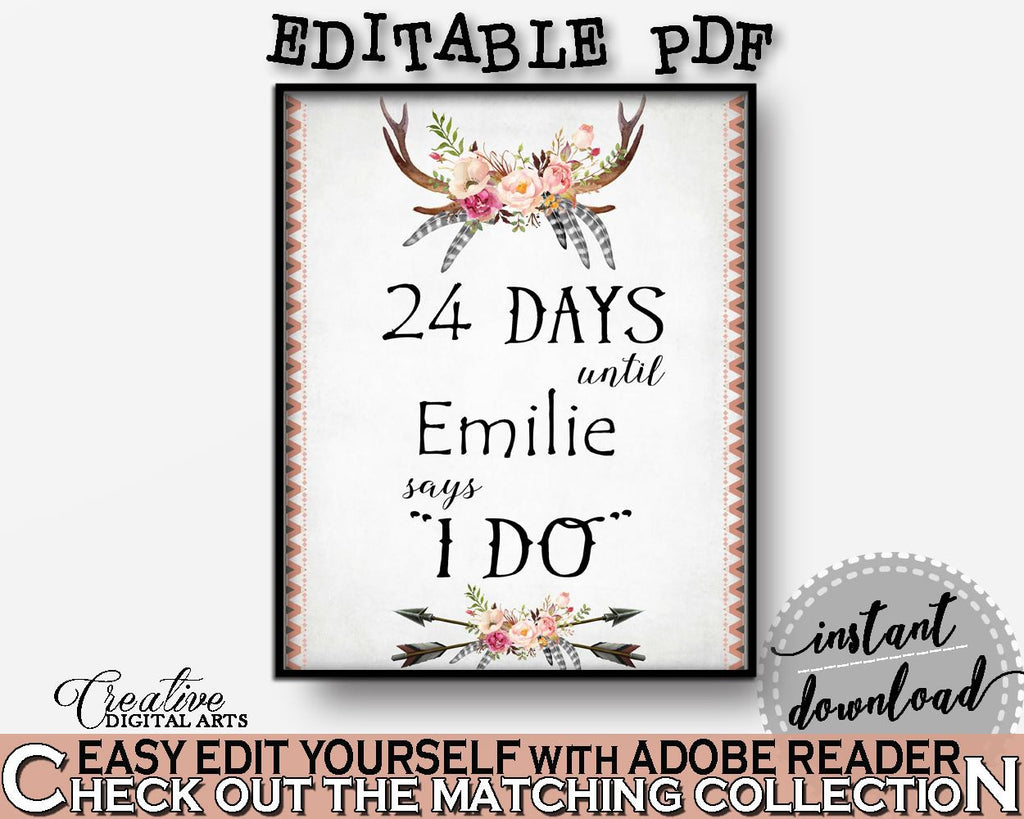 Gray and Pink Antlers Flowers Bohemian Bridal Shower Theme: Days Until I Do - wedding countdown, bridal shower antler, party décor - MVR4R - Digital Product
