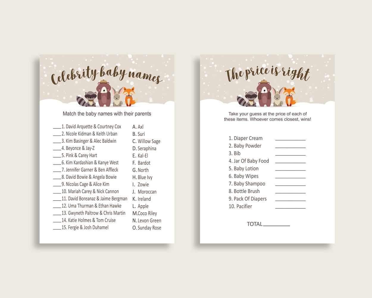 Winter Woodland Baby Shower Games Printable Pack, Beige Brown Baby Shower Games Package Gender Neutral, Winter Woodland Games Bundle RM4SN