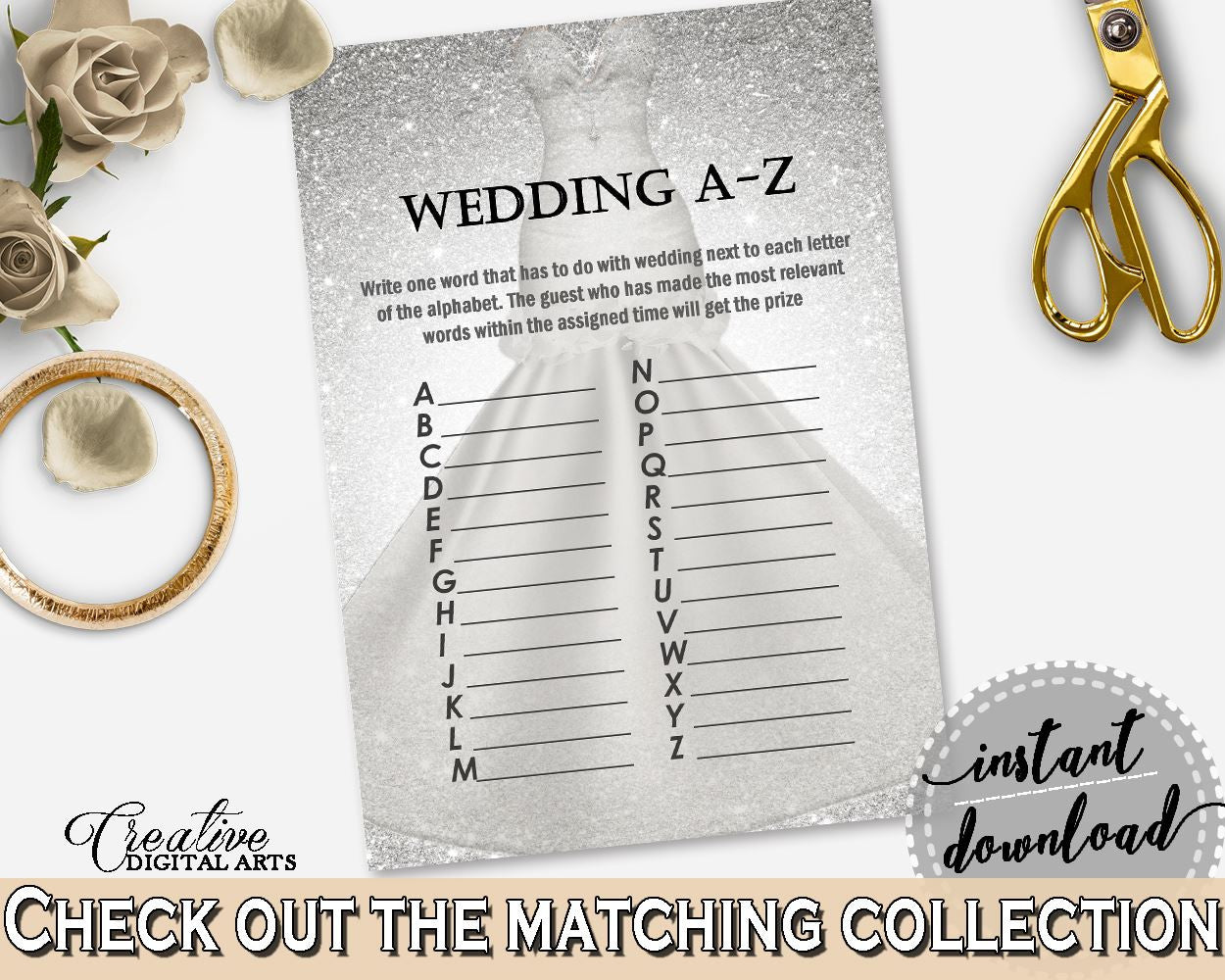 Silver And White Silver Wedding Dress Bridal Shower Theme: Wedding A-Z Game - grammar game, wedding sparkle, party decorations - C0CS5 - Digital Product