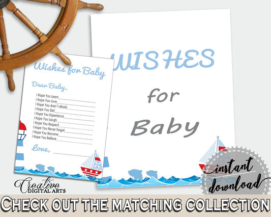 Wishes Baby Shower Wishes Nautical Baby Shower Wishes Baby Shower Nautical Wishes Blue Red prints, digital print, pdf jpg, printable DHTQT - Digital Product