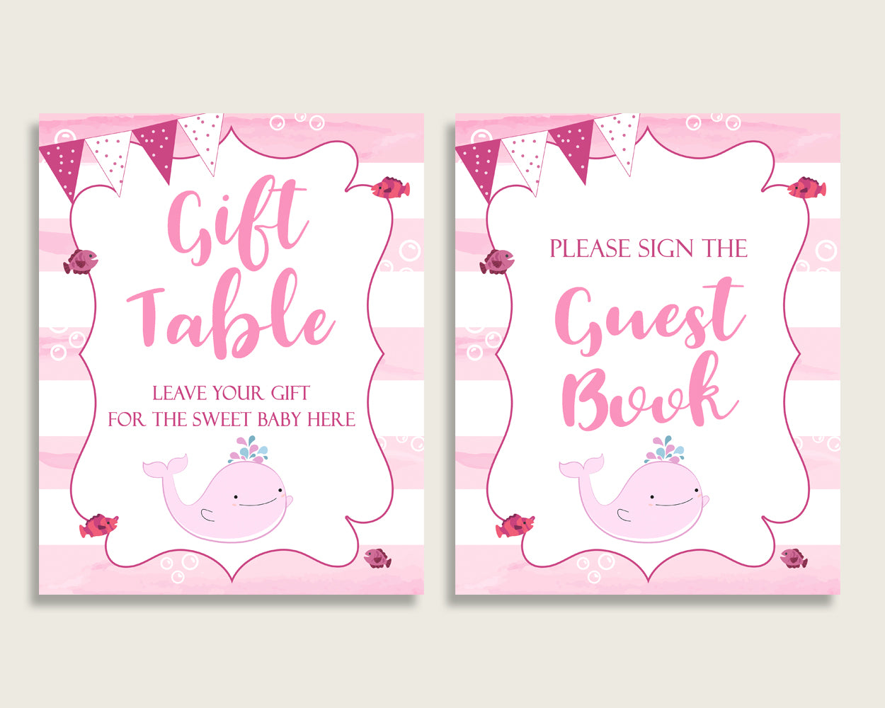 Pink Whale Baby Shower Girl Table Signs Printable, Pink White Party Table Decor, Favors, Food, Drink, Treat, Guest Book, Instant wbl02