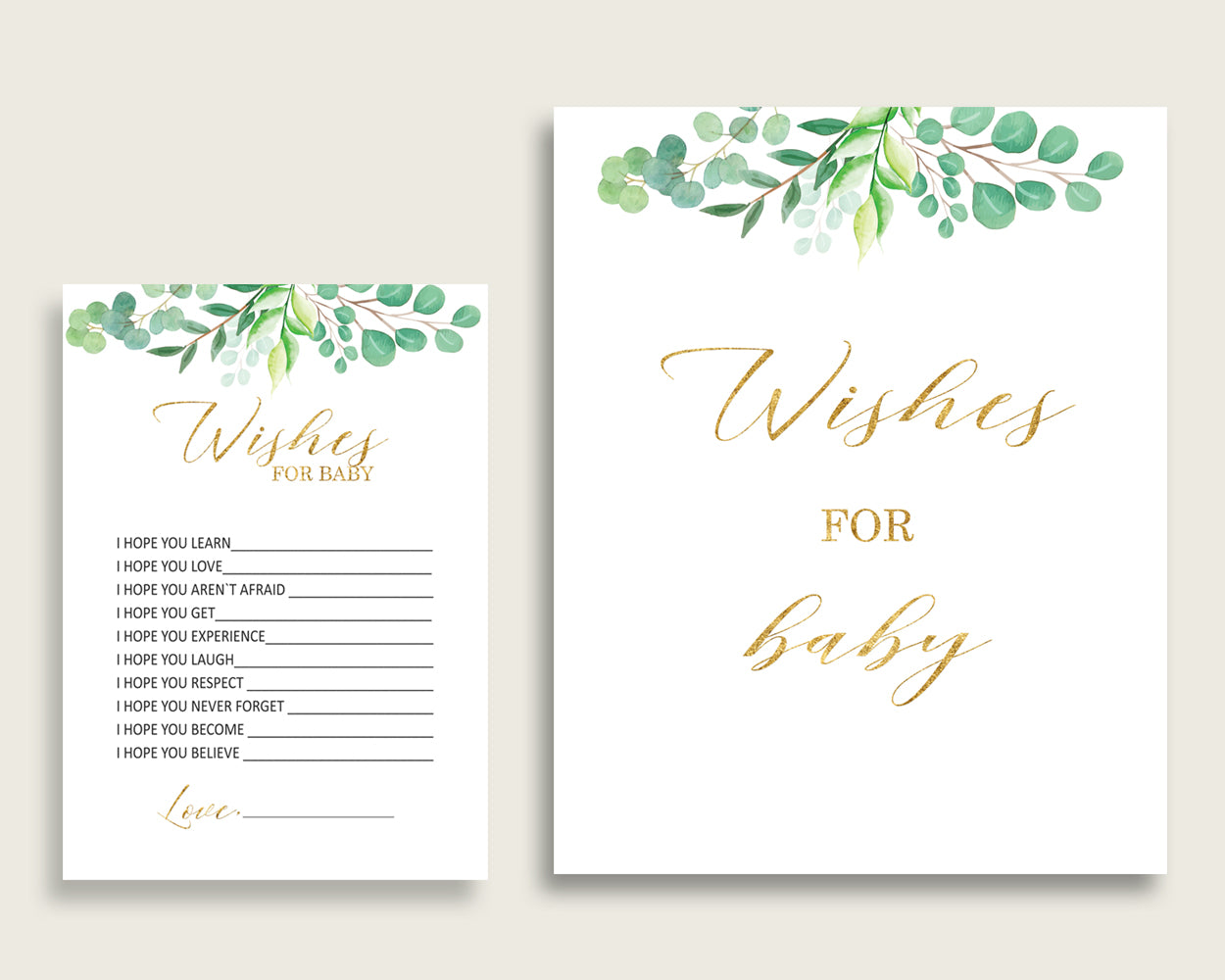 Green Gold Wishes For Baby Cards & Sign, Greenery Baby Shower Gender Neutral Well Wishes Game Printable, Instant Download, Spring Y8X33