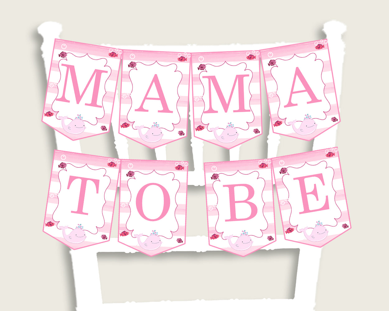 Pink Whale Baby Shower Chair Banner Printable, Pink White Chair Banner, Girl Shower, Mama To Be, Mommy, Dad Mom To Be, Instant wbl02