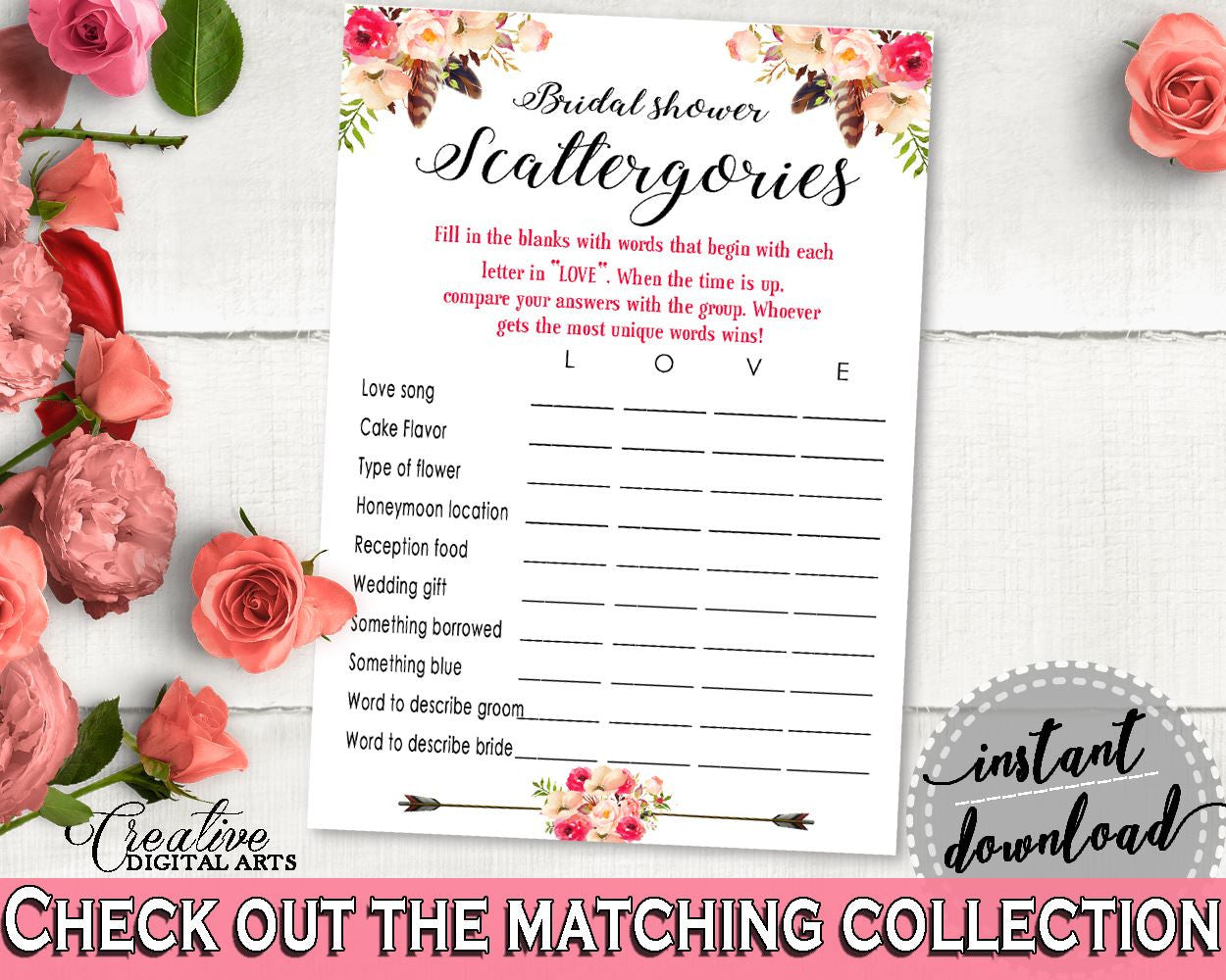 Bohemian Flowers Bridal Shower Scattergories Game in Pink And Red, bridal scattergories, bouquet boho, party décor, party ideas - 06D7T - Digital Product