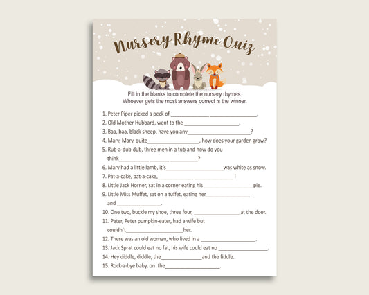 Winter Woodland Nursery Rhyme Quiz Printable, Beige Brown Nursery Rhyme Game, Beige Brown Baby Shower Gender Neutral Activities RM4SN