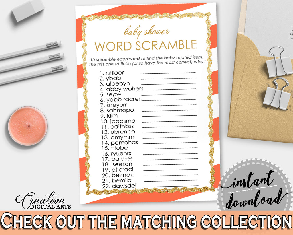 WORD SCRAMBLE baby shower game with glitter gold and orange stripes theme printable, digital files jpg pdf, instant download - bs003