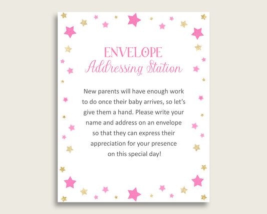 Pink Gold Baby Shower Address Sign Printable, Twinkle Star Envelope Station Sign, Envelope Addressing Baby Shower Girl, Cute Stars bsg01