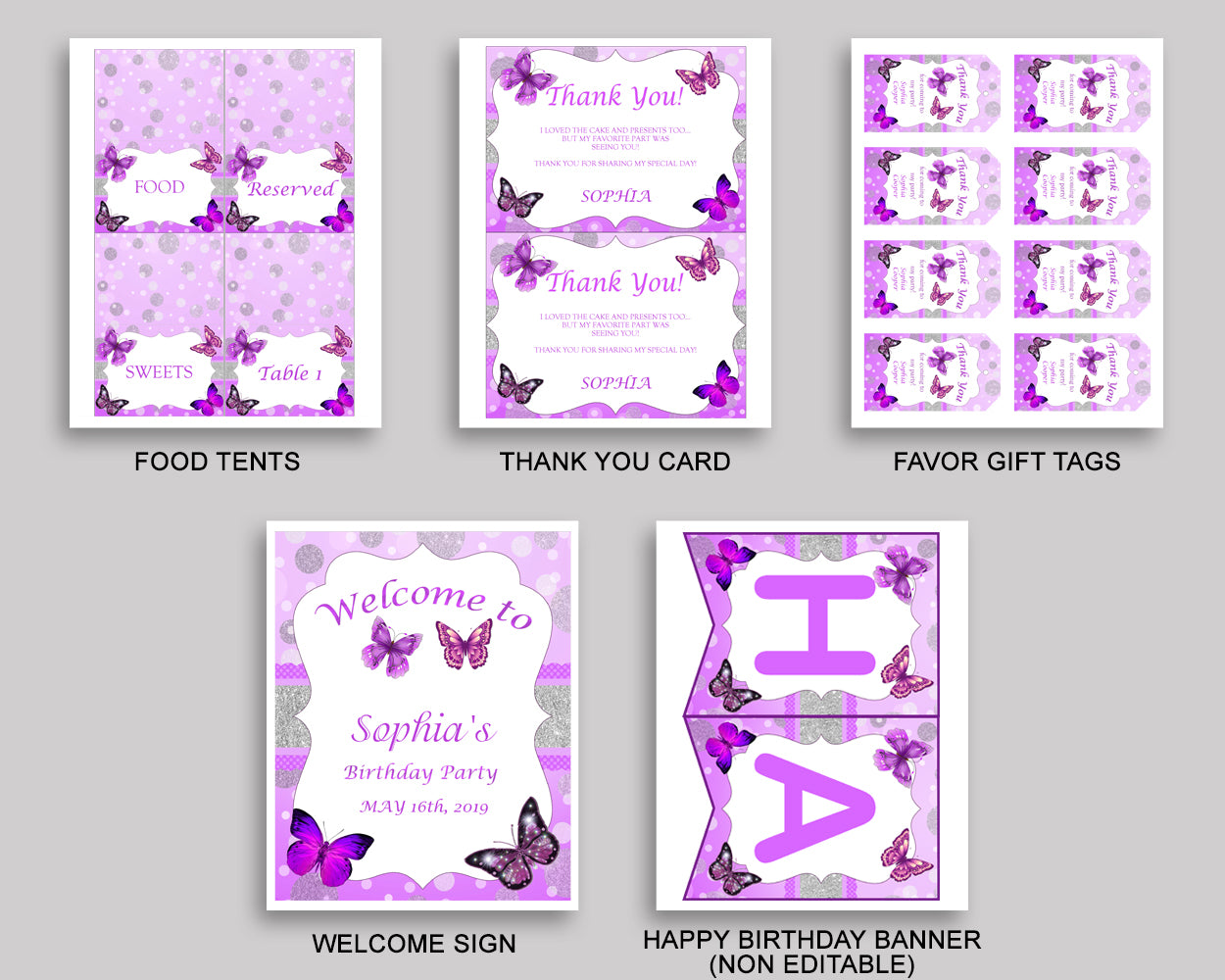 Birthday Butterfly Party Decor Butterfly Editable Package Purple White Birthday Decoration Butterfly Birthday Kit Girl OHI62