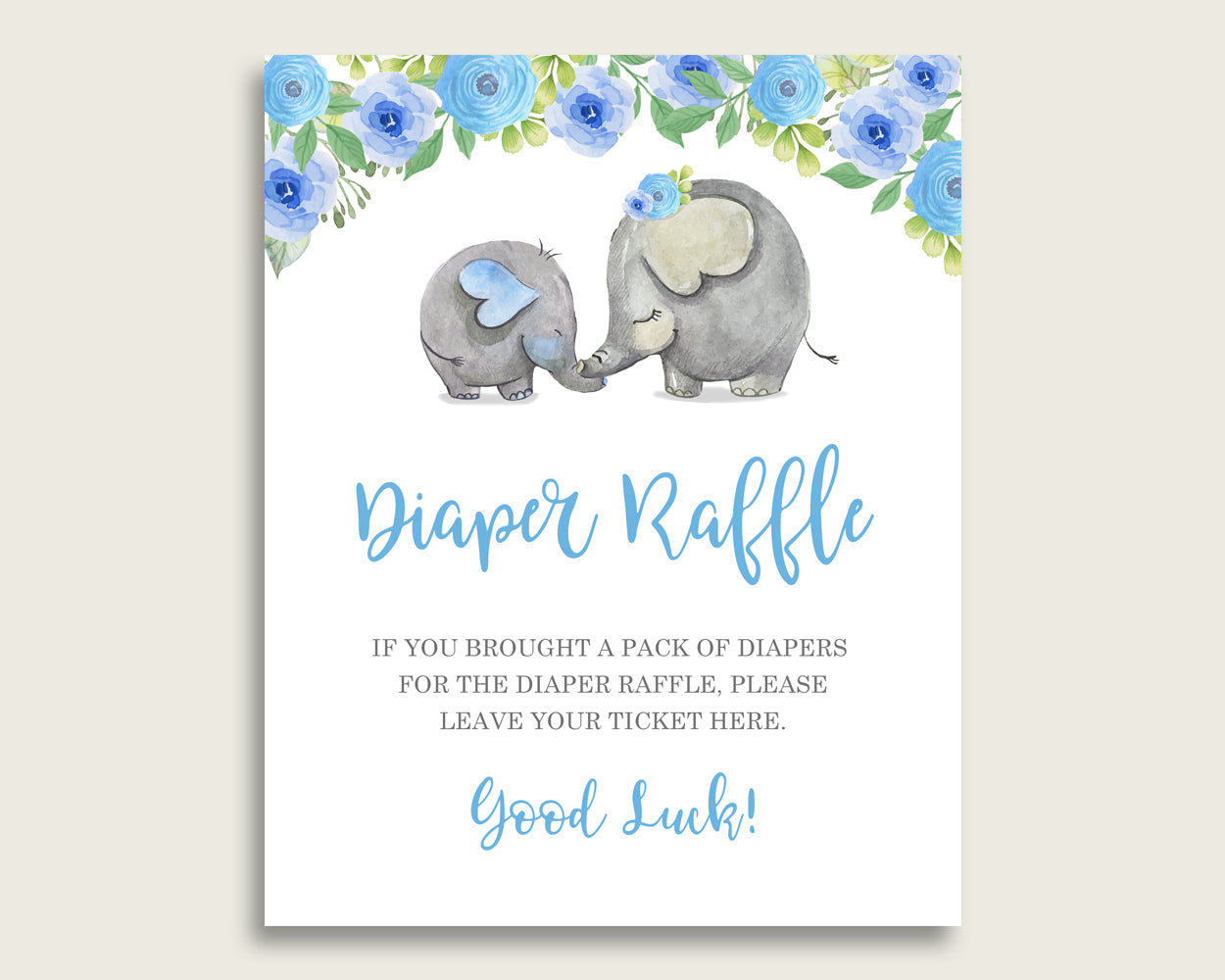 Elephant Blue Baby Shower Diaper Raffle Tickets Game, Boy Blue Gray Diaper Raffle Card Insert and Sign Printable, Instant Download ebl01