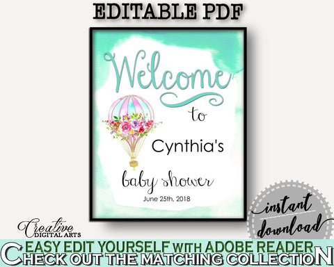 Welcome Sign Baby Shower Welcome Sign Hot Air Balloon Baby Shower Welcome Sign Baby Shower Hot Air Balloon Welcome Sign Green Pink CSXIS - Digital Product