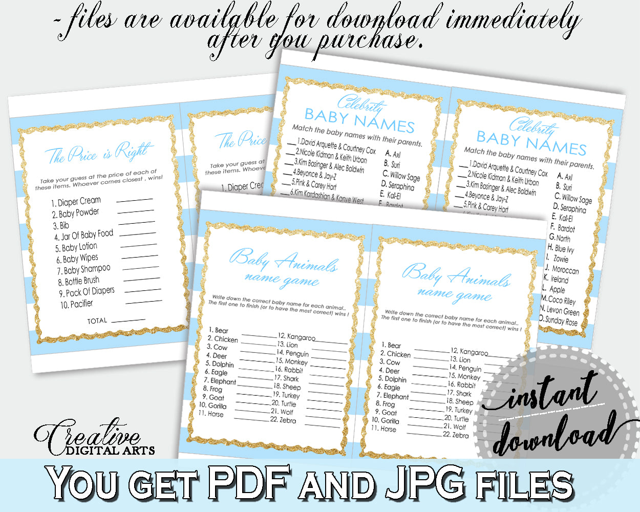 Baby Shower printable games package bundle, glitter gold title with blue and white stripes, 8 games pack pdf jpg - Instant Download - bs002