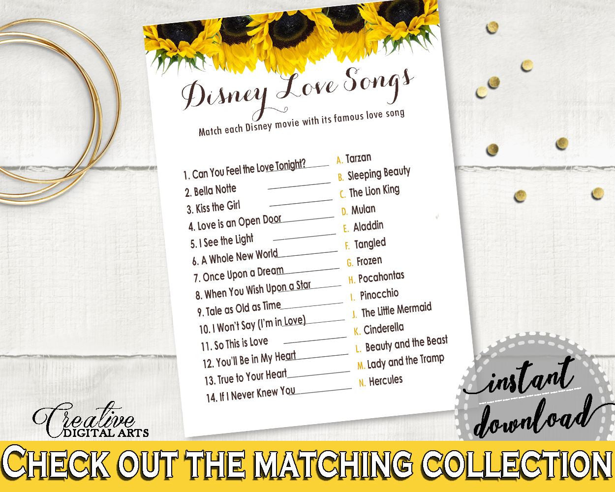 Disney Love Songs Game Bridal Shower Disney Love Songs Game Sunflower Bridal Shower Disney Love Songs Game Bridal Shower Sunflower SSNP1 - Digital Product