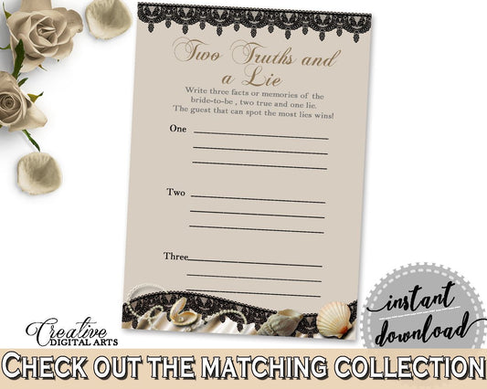 Two Truths And A Lie Game in Seashells And Pearls Bridal Shower Brown And Beige Theme, untruth game, pdf jpg, printables, prints - 65924 - Digital Product