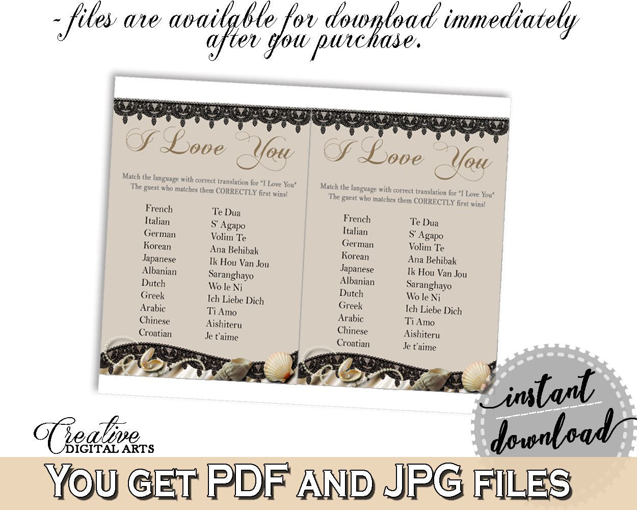 Brown And Beige Seashells And Pearls Bridal Shower Theme: I Love You Game - multilanguage game, bridal shower style, party plan - 65924 - Digital Product