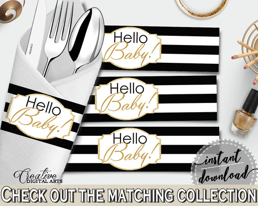 Baby shower NAPKIN RINGS printable with white black strips color theme, digital file jpg pdf, instant download - bs001