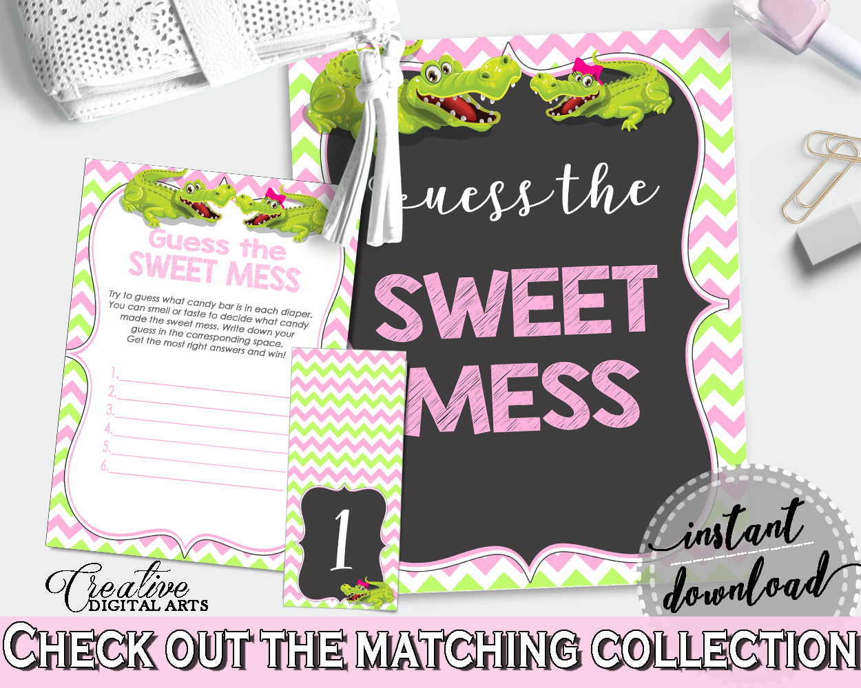 Baby shower GUESS THE SWEET MESS game cards tents and sign with green alligator and pink color theme, instant download - ap001