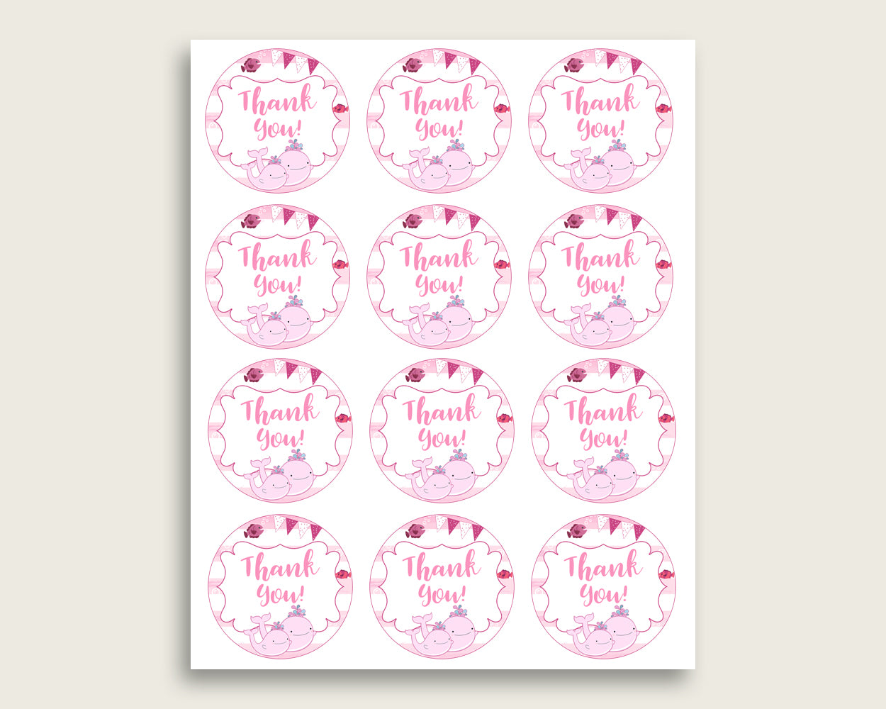 Pink Whale Baby Shower Round Thank You Tags 2 inch Printable, Pink White Favor Gift Tags, Girl Shower Hang Tags Labels, Digital File wbl02