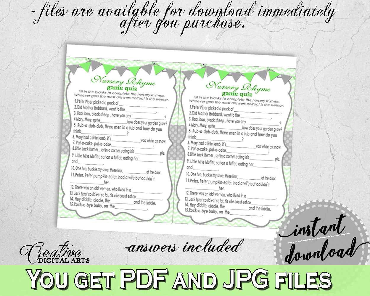 Baby Shower NURSERY RHYME QUIZ game with chevron green theme printable, digital files Jpg Pdf, instant download - cgr01