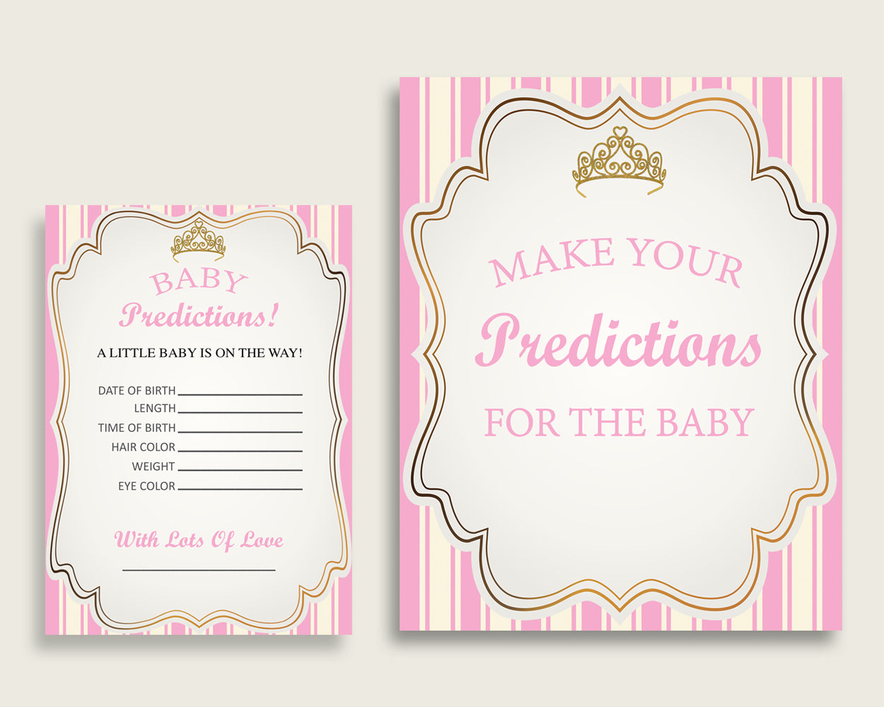 Royal Princess Baby Shower Prediction Cards & Sign Printable, Pink Gold Baby Prediction Game Girl, Instant Download, Tiara Crown Gold rp002